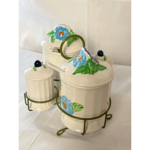 Antique ceramic condiment set with holder - Picture 4 of 7